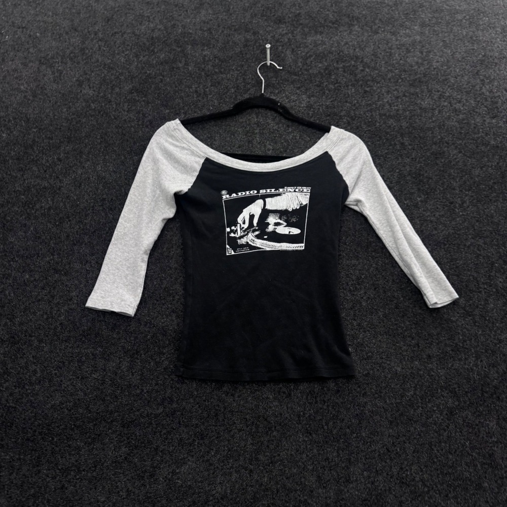 Brandy Melville Radio Silence Raglan Graphic Top Black Gray 3/4 Sleeve NYC